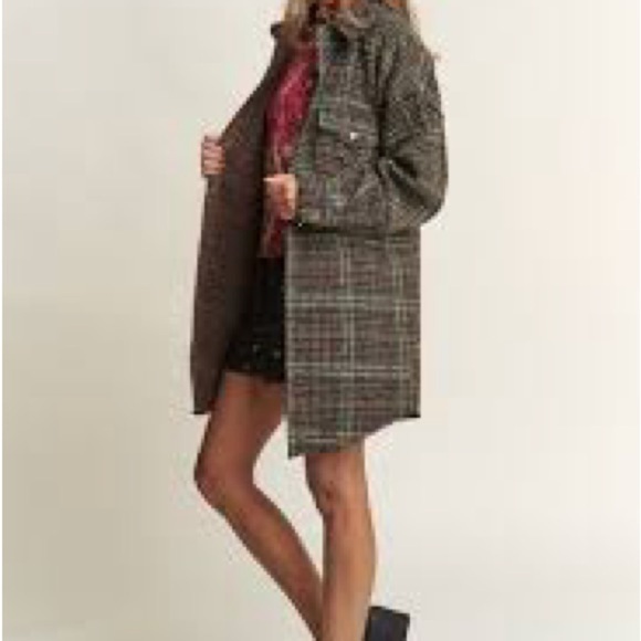 J.NNA Snap Down Tweed Plaid Contrast Longline Shacket - Picture 2 of 8